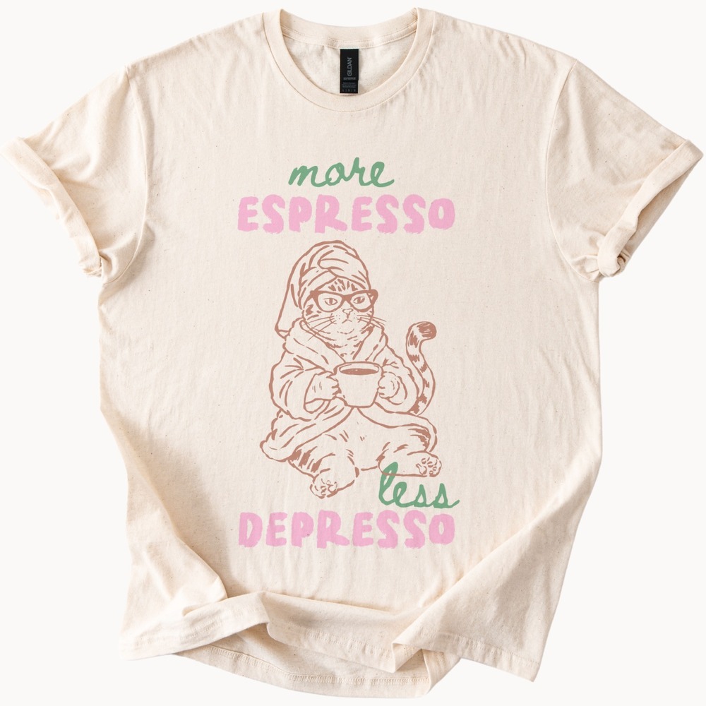 Cozy Cat Coffee Lover Graphic Tee with Glasses and Mug Design